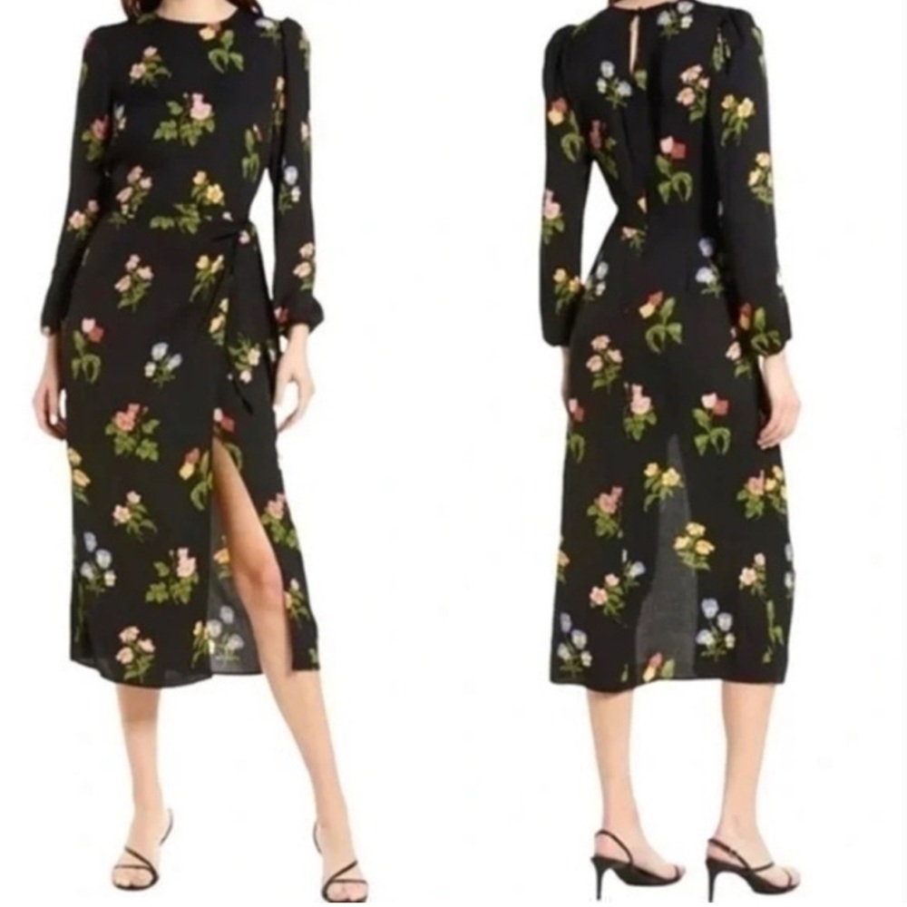 Reformation Black Reza Midi In Night Bloom Cocktail Dress B56